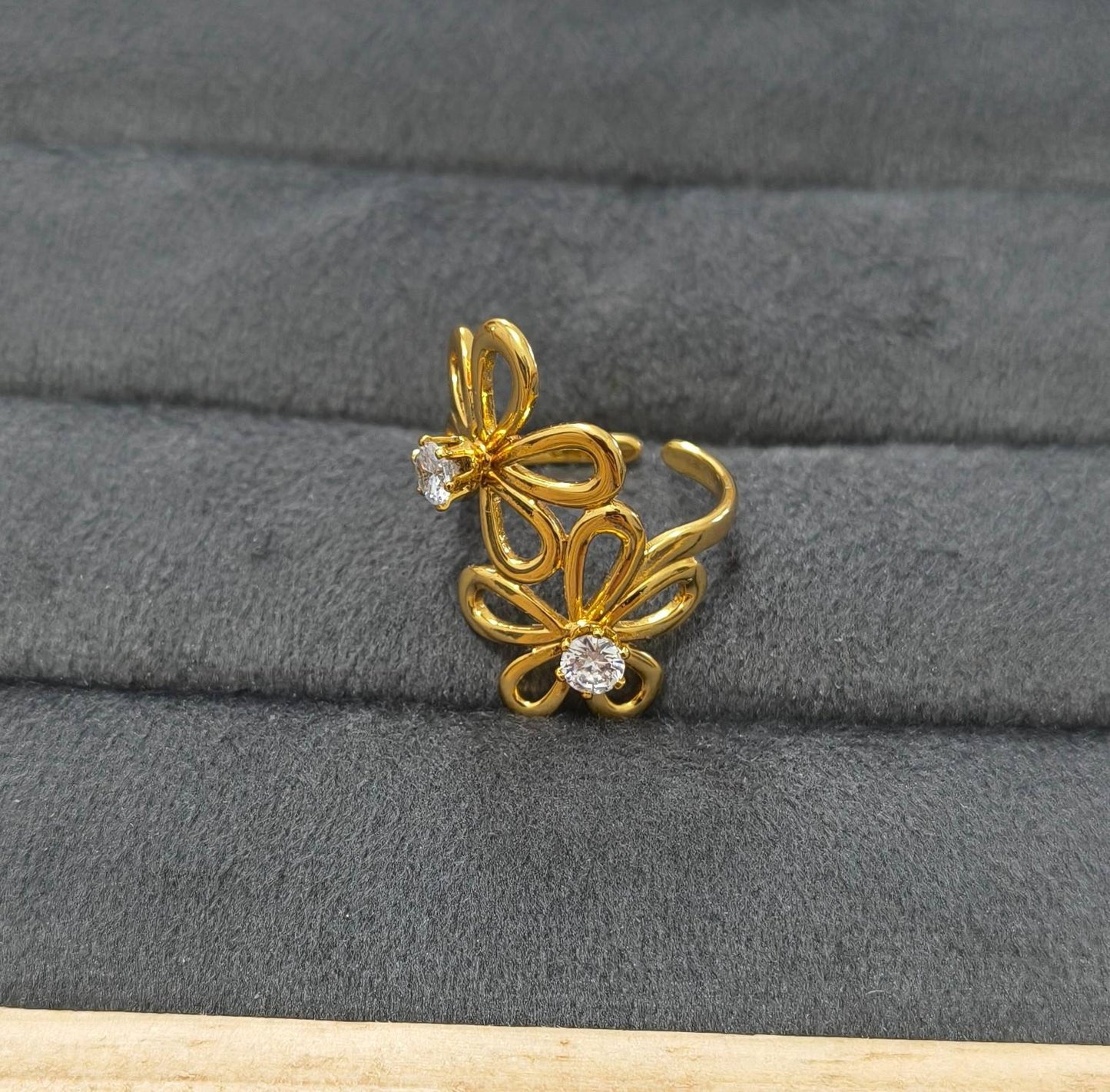 Anti Tarnish Ring Double Flower Solitaire Ring 18K Gold Plated