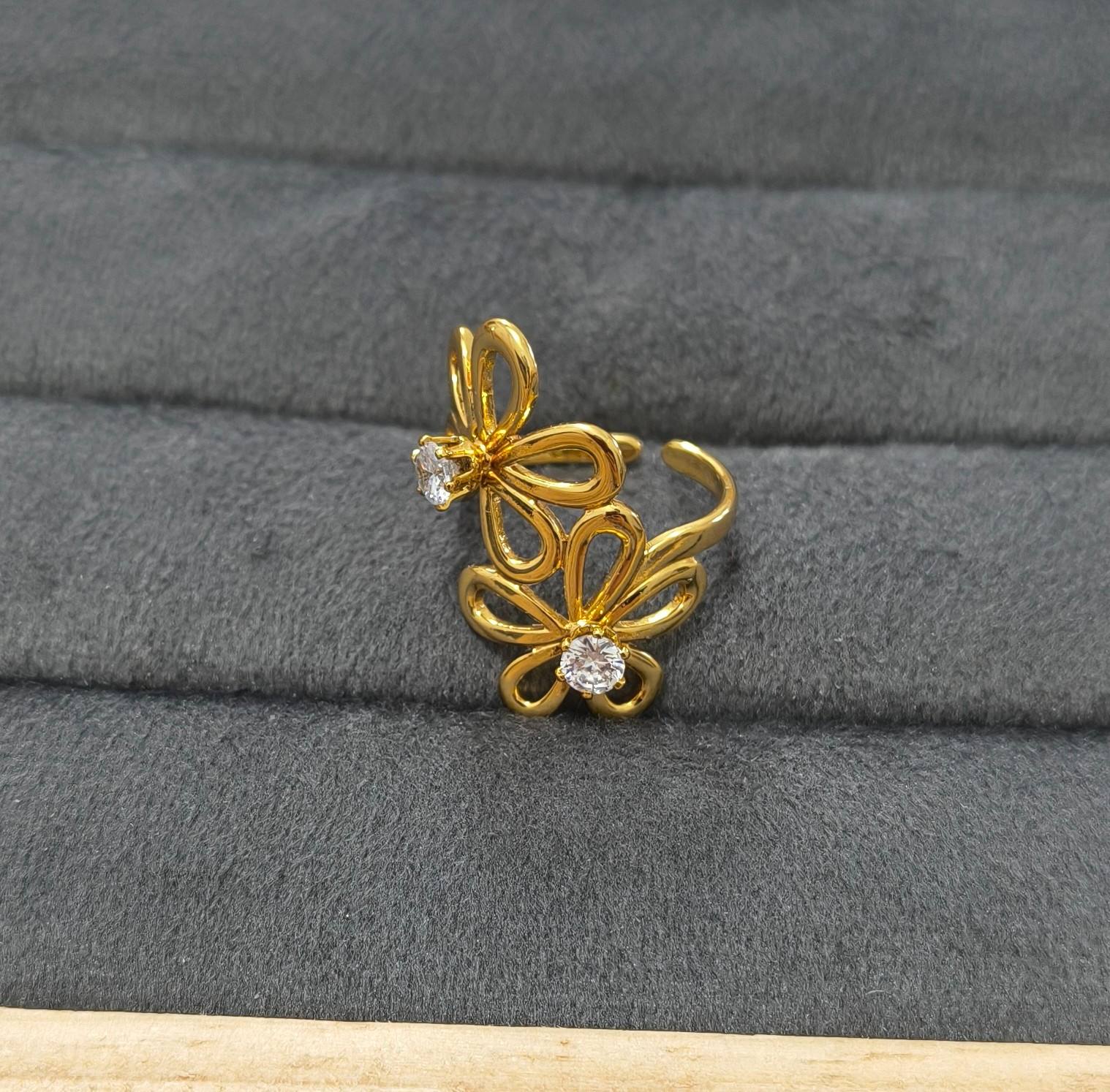Anti Tarnish Ring Double Flower Solitaire Ring 18K Gold Plated