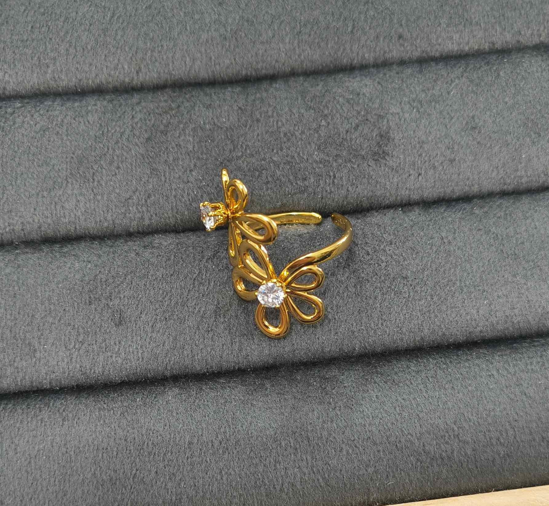 Anti Tarnish Ring Double Flower Solitaire Ring 18K Gold Plated