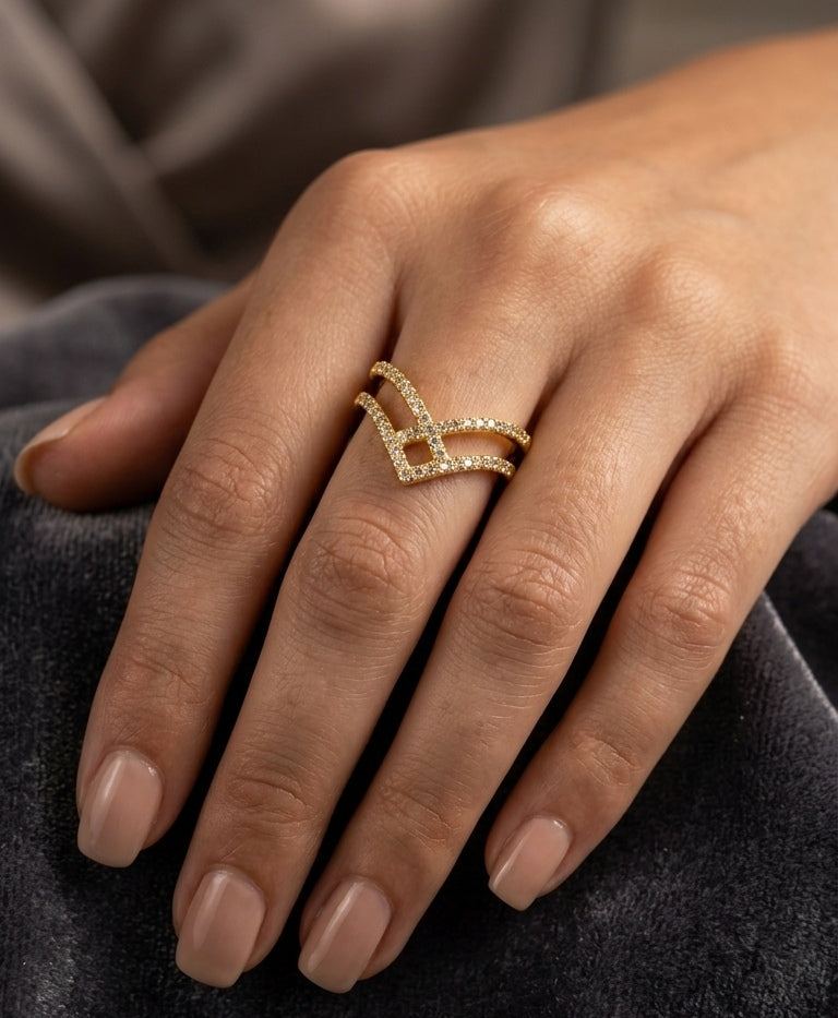 Anti Tarnish Ring Double V Shape Ring 18K Gold Plated