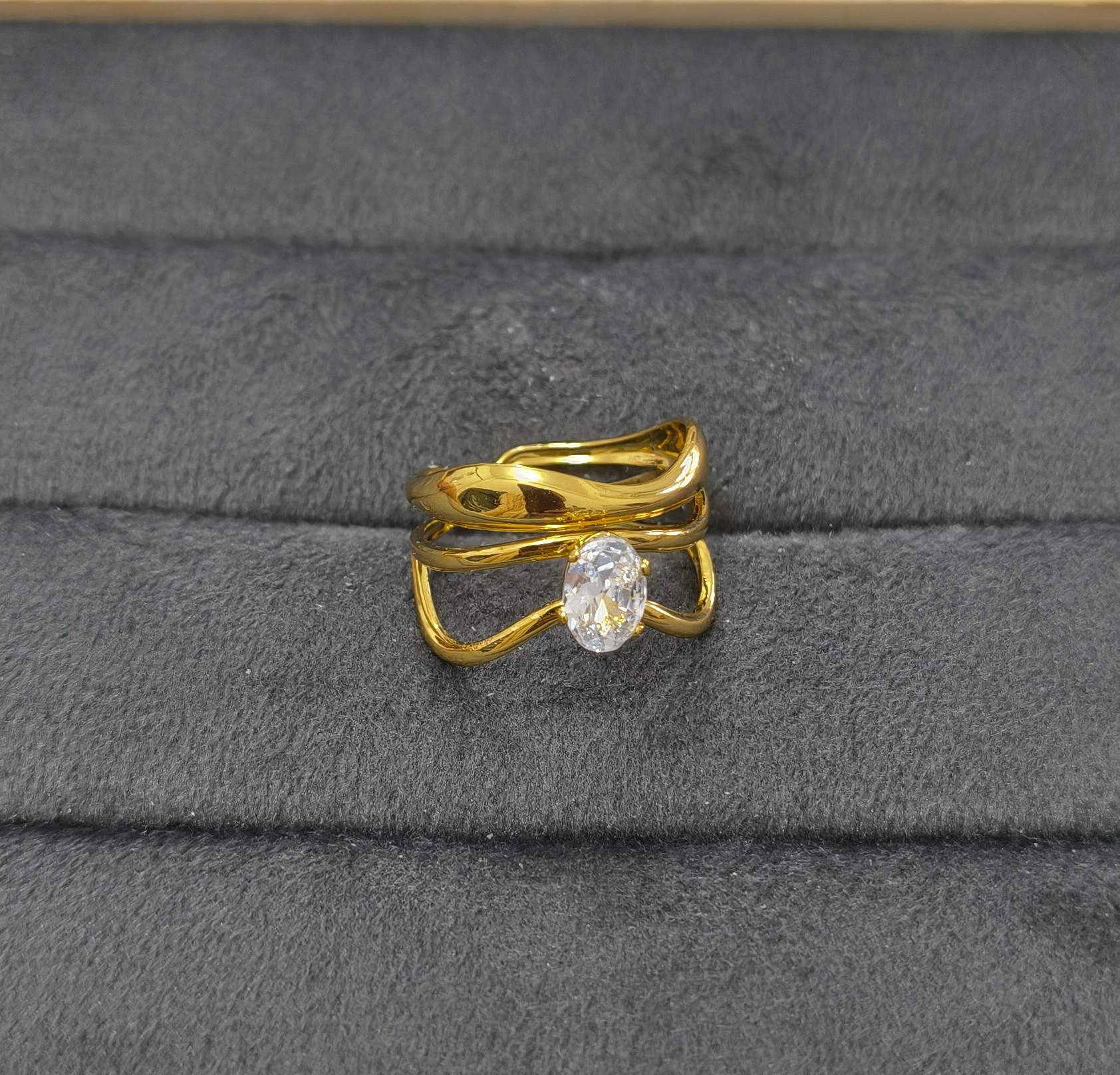 Anti Tarnish Ring Double Wave Solitaire Ring 18K Gold Plated