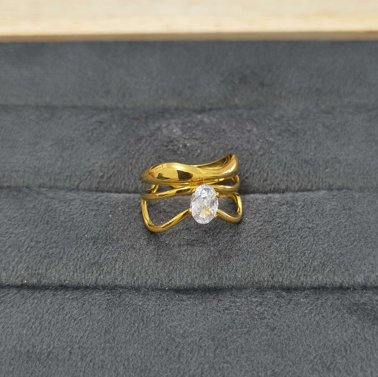 Anti Tarnish Ring Double Wave Solitaire Ring 18K Gold Plated