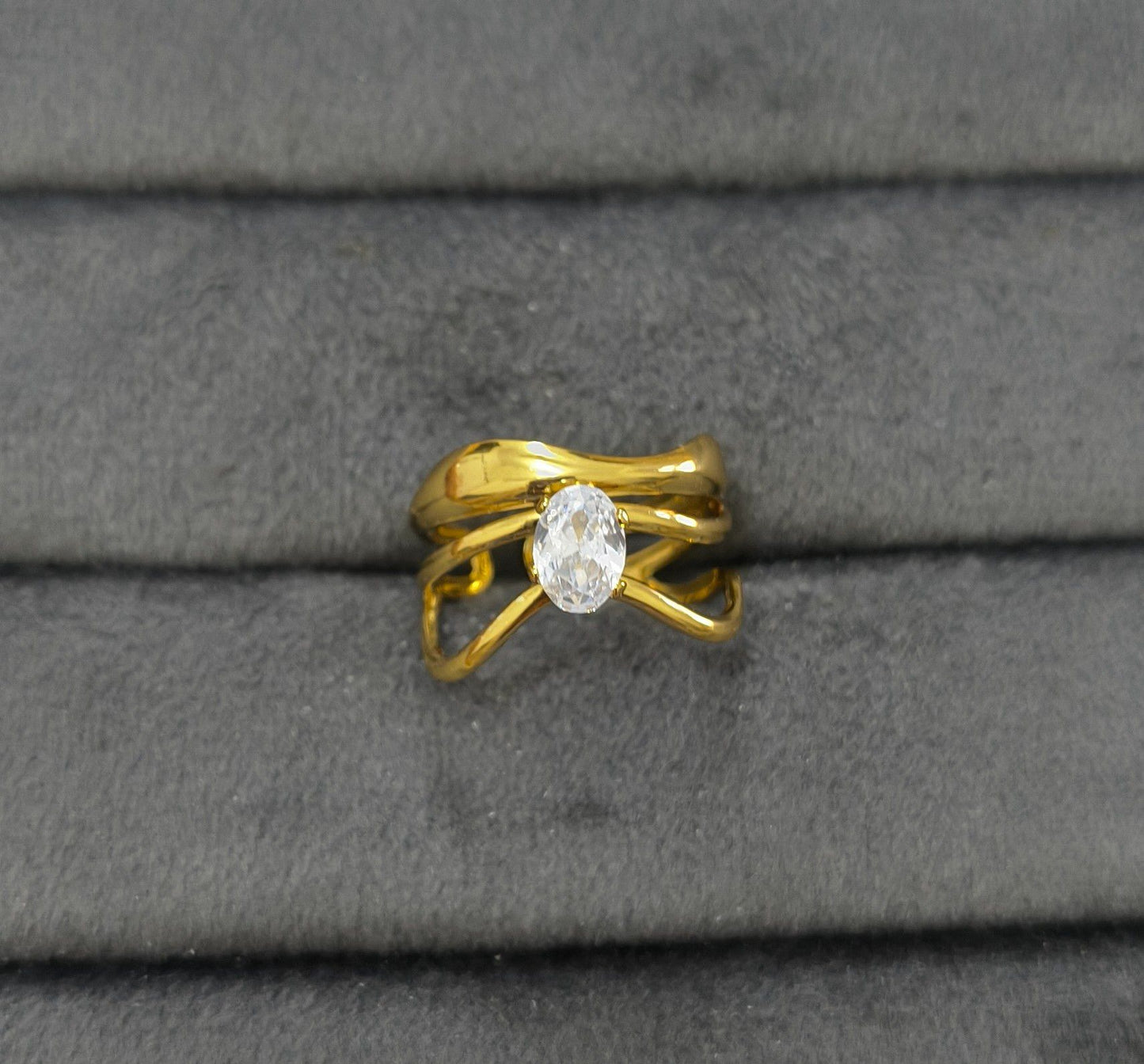 Anti Tarnish Ring Double Wave Solitaire Ring 18K Gold Plated