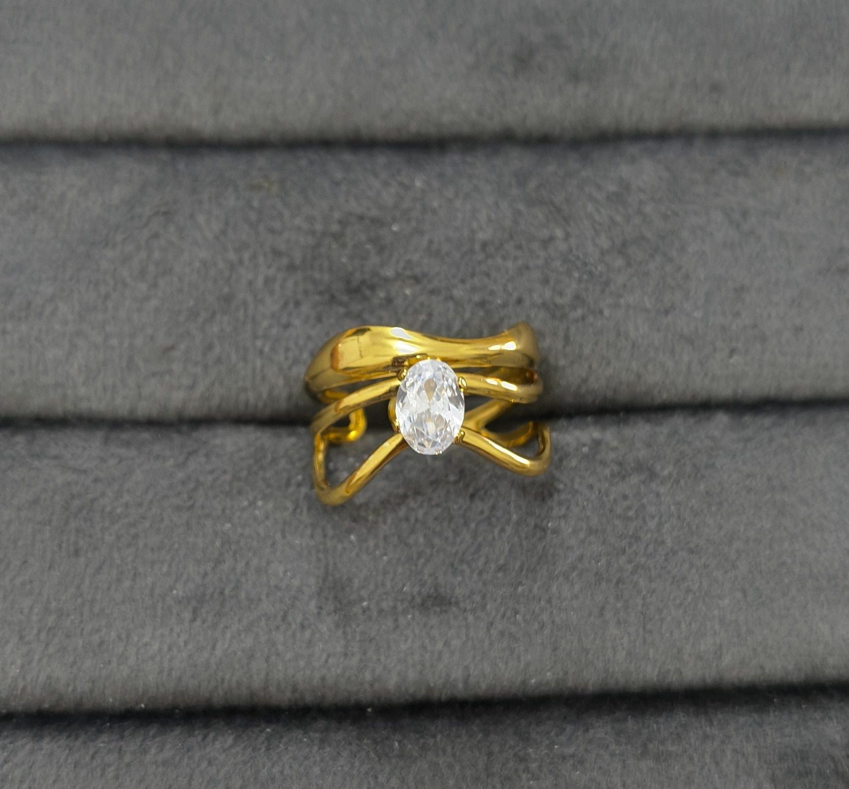 Anti Tarnish Ring Double Wave Solitaire Ring 18K Gold Plated