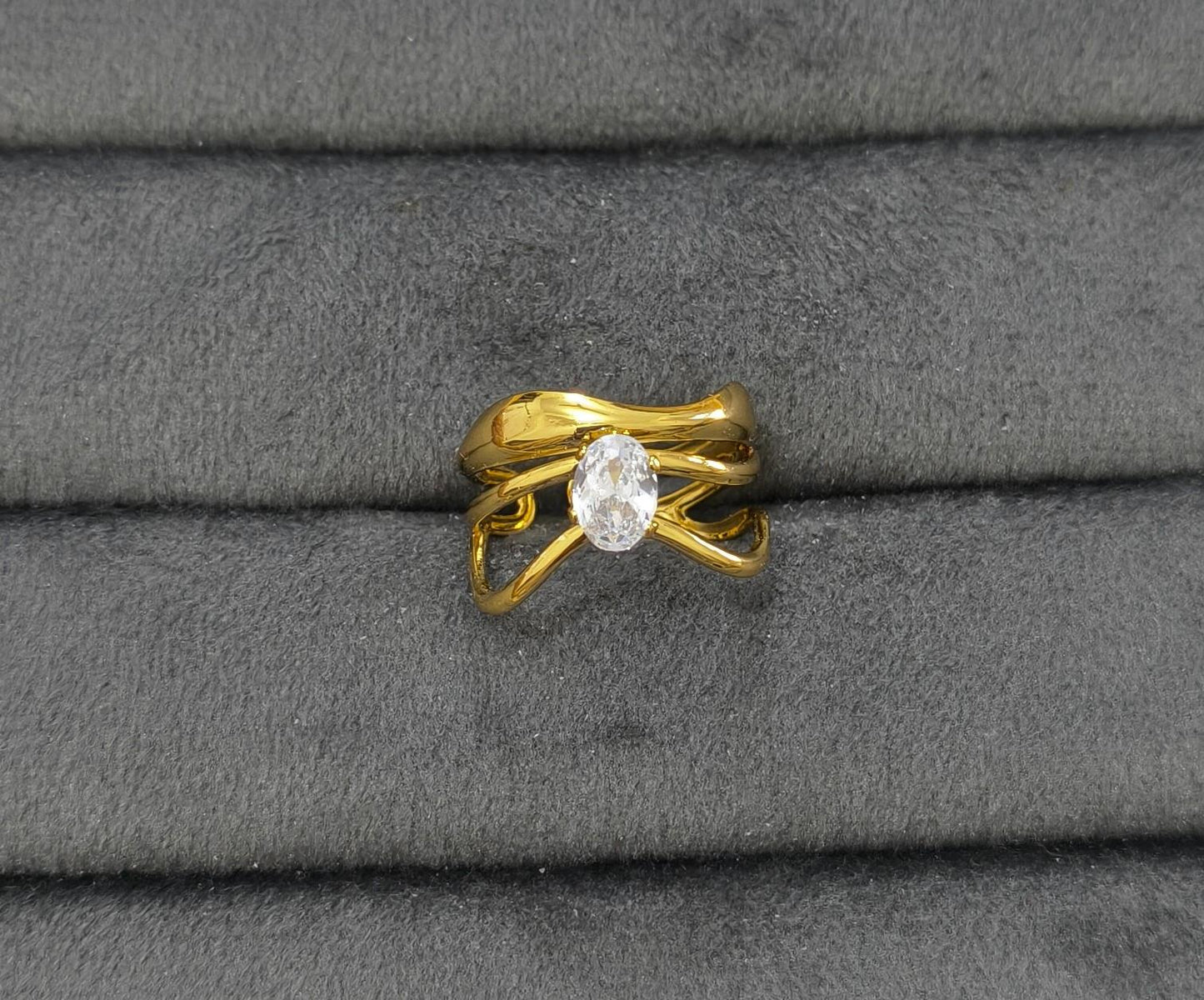 Anti Tarnish Ring Double Wave Solitaire Ring 18K Gold Plated