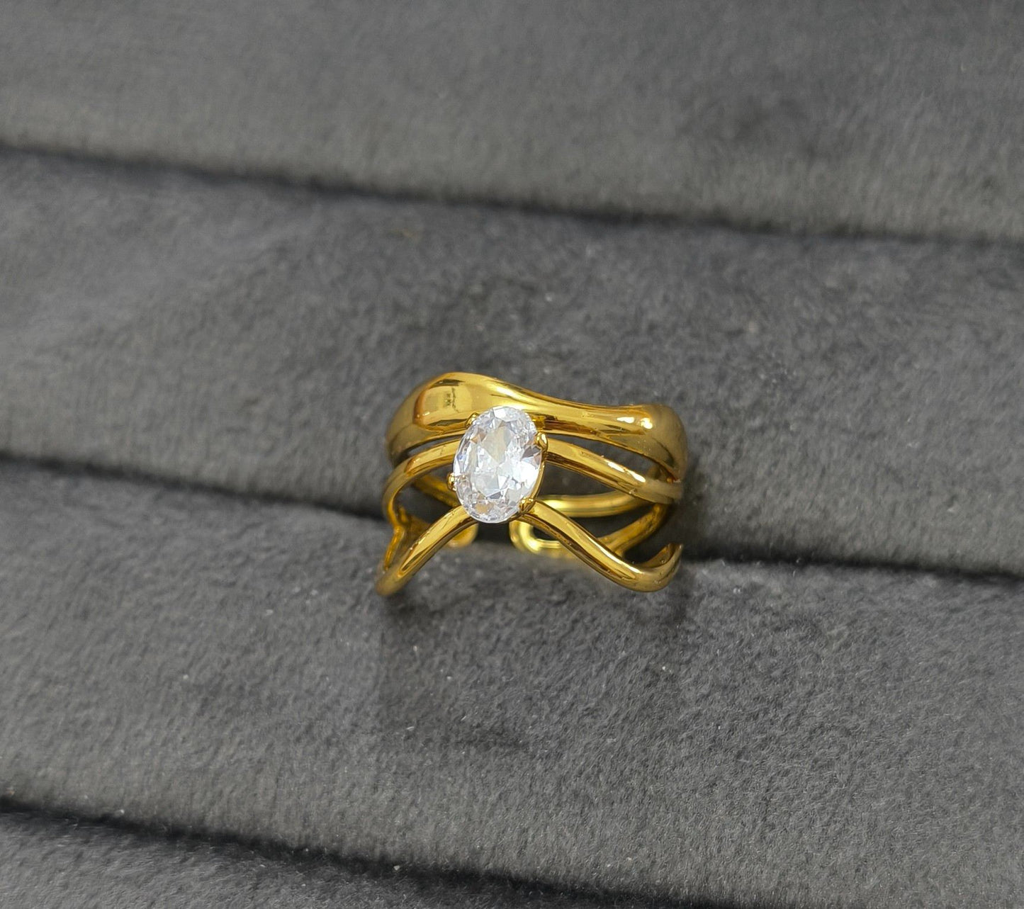 Anti Tarnish Ring Double Wave Solitaire Ring 18K Gold Plated