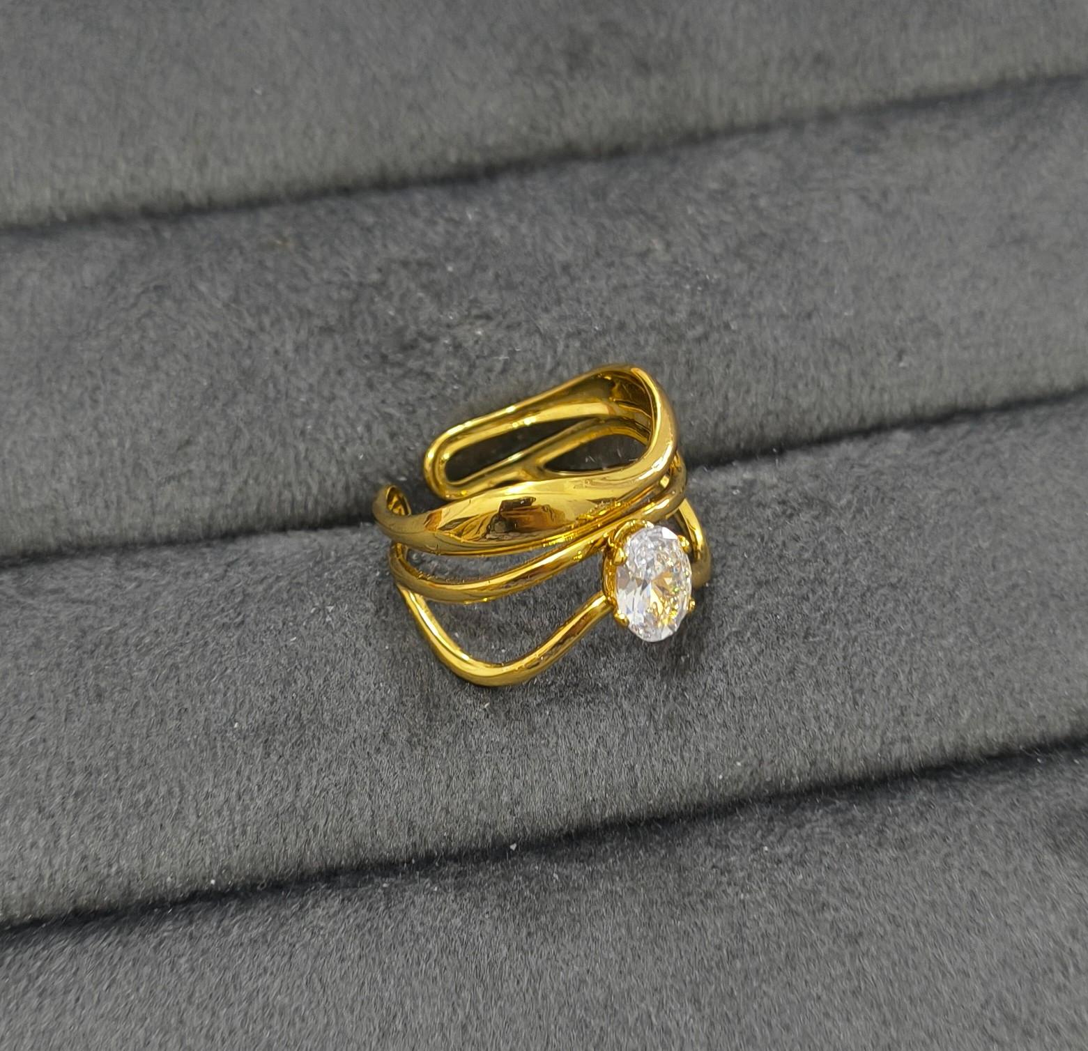 Anti Tarnish Ring Double Wave Solitaire Ring 18K Gold Plated