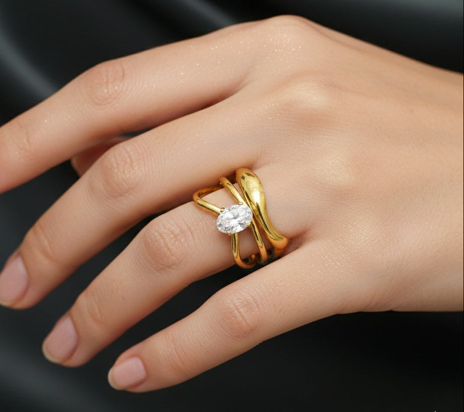 Anti Tarnish Ring Double Wave Solitaire Ring 18K Gold Plated