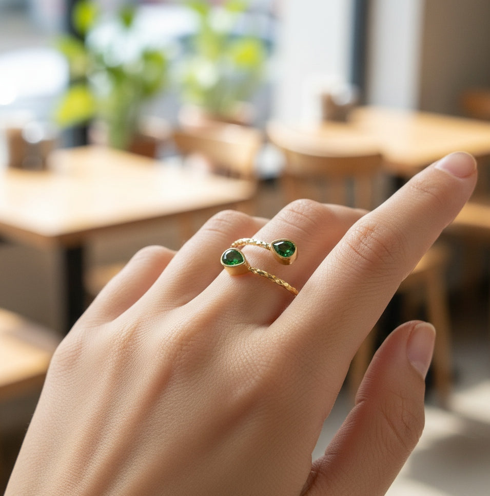 Anti Tarnish Ring Emerald Dainty Ring 18K Gold Plated