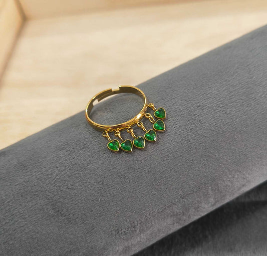 Anti Tarnish Ring Emerald Heart Dangle 18K Gold Plated