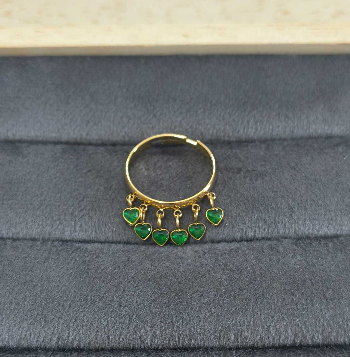 Anti Tarnish Ring Emerald Heart Dangle 18K Gold Plated