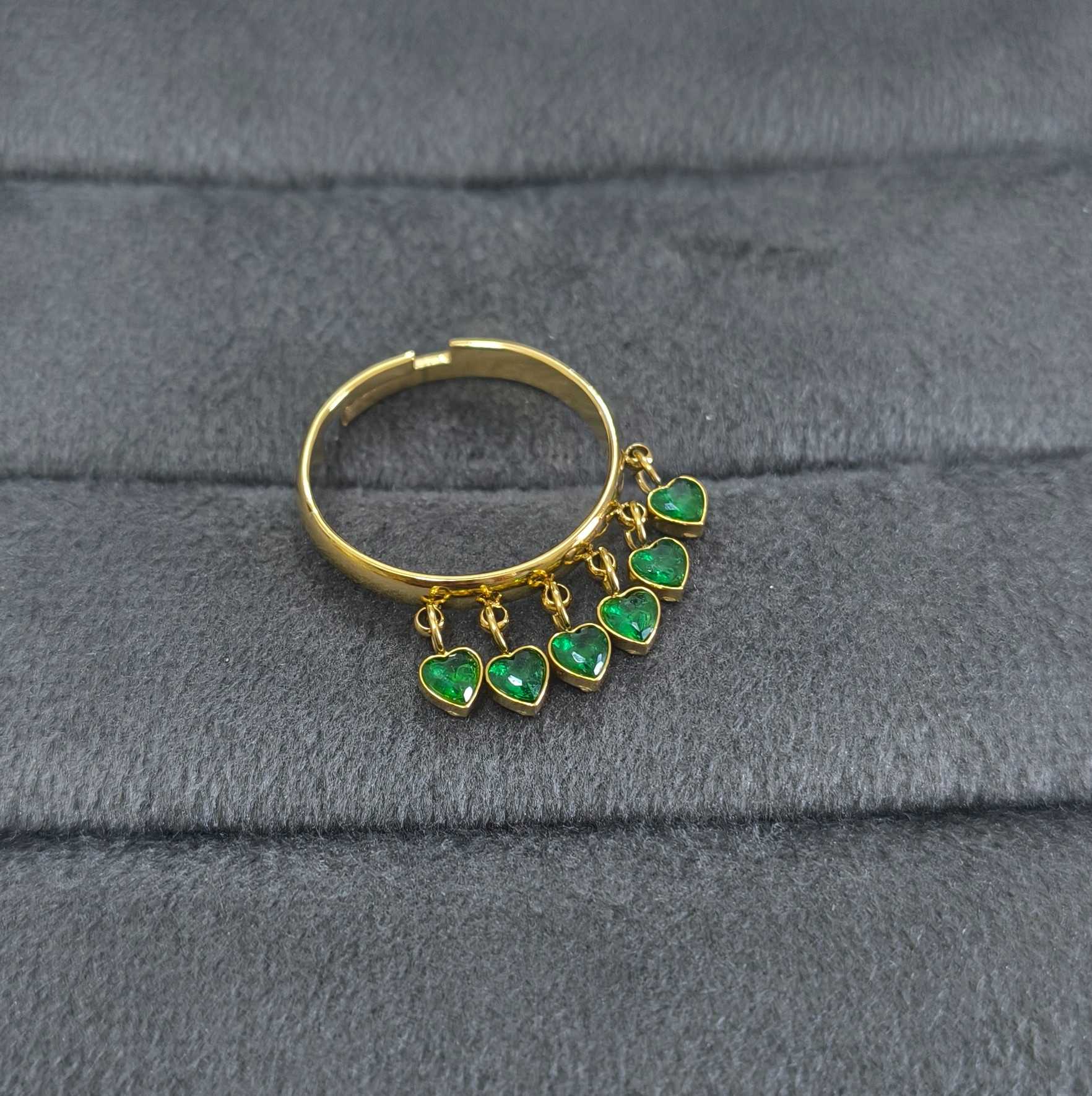 Anti Tarnish Ring Emerald Heart Dangle 18K Gold Plated