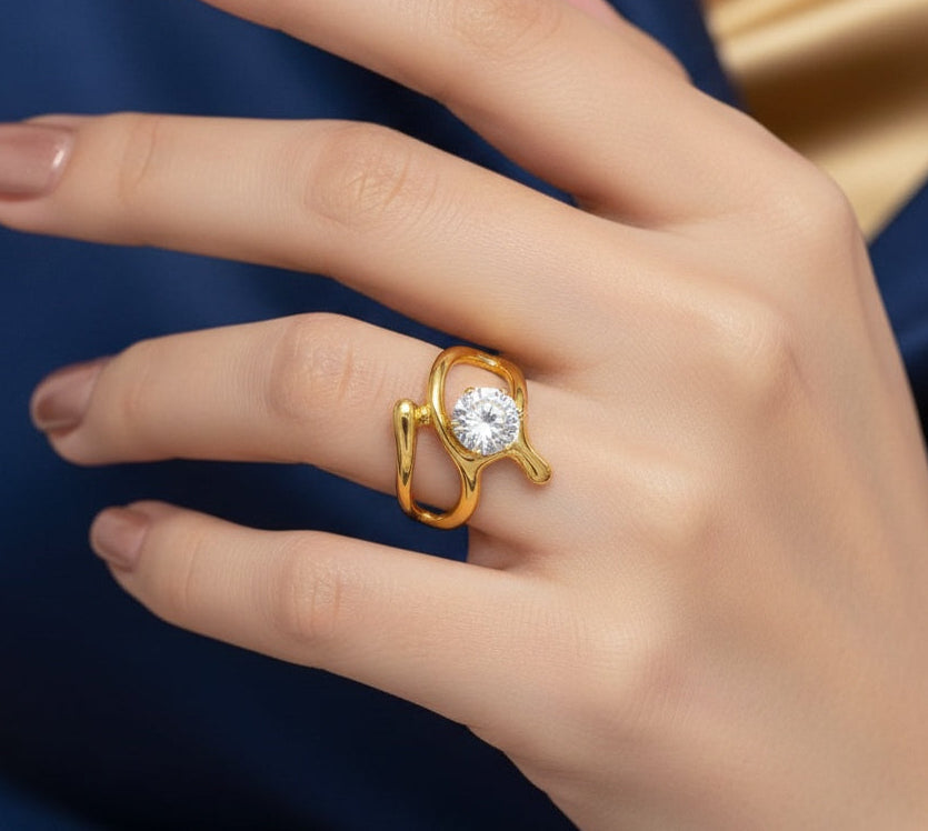 Anti Tarnish Ring Geometric Solitaire Ring 18K Gold Plated