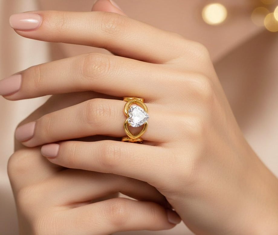 Anti Tarnish Ring Heart Promise Solitaire Ring 18K Gold Plated