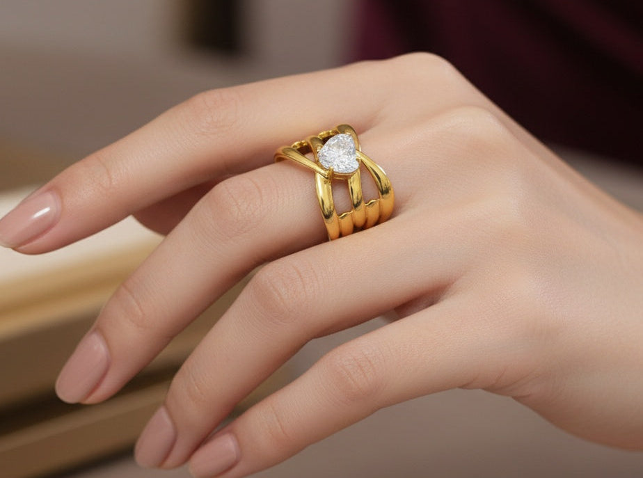 Anti Tarnish Ring Heart Solitaire Ring 18K Gold Plated