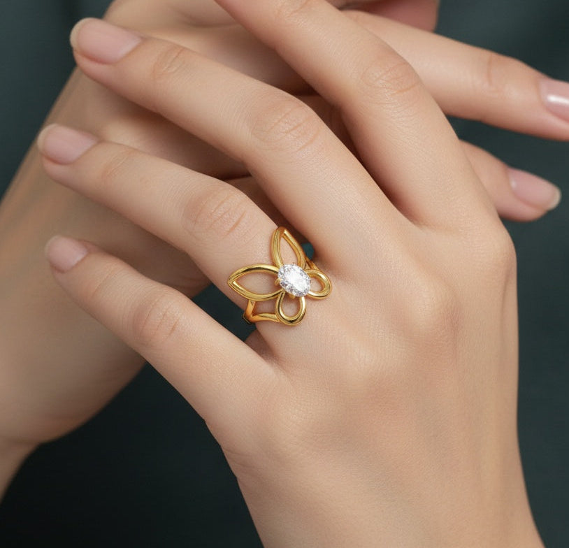 Anti Tarnish Ring Hollow Butterfly Solitaire 18K Gold Plated