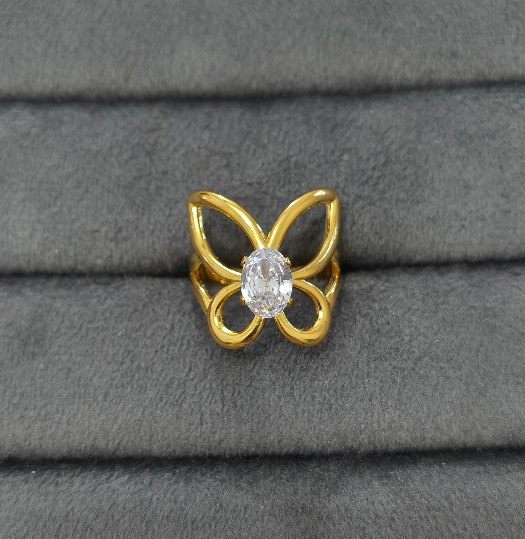 Anti Tarnish Ring Hollow Butterfly Solitaire 18K Gold Plated