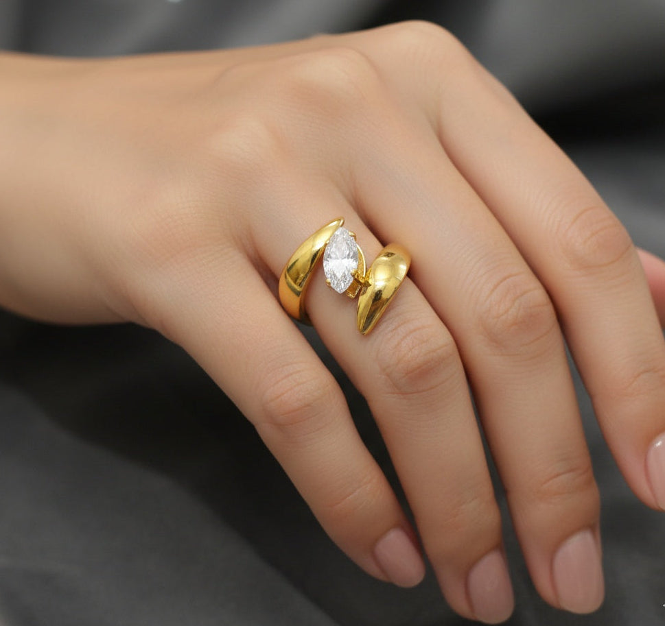 Anti Tarnish Ring Marquise Cut Solitaire 18K Gold Plated