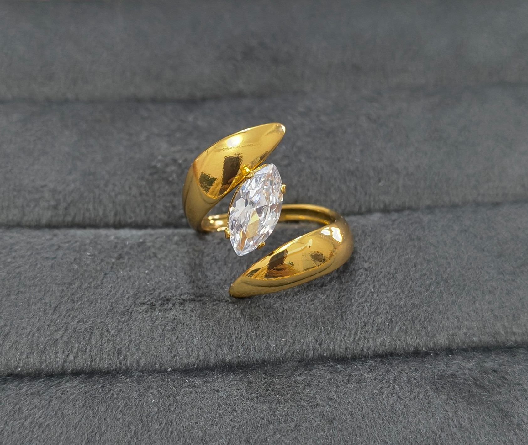 Anti Tarnish Ring Marquise Cut Solitaire 18K Gold Plated