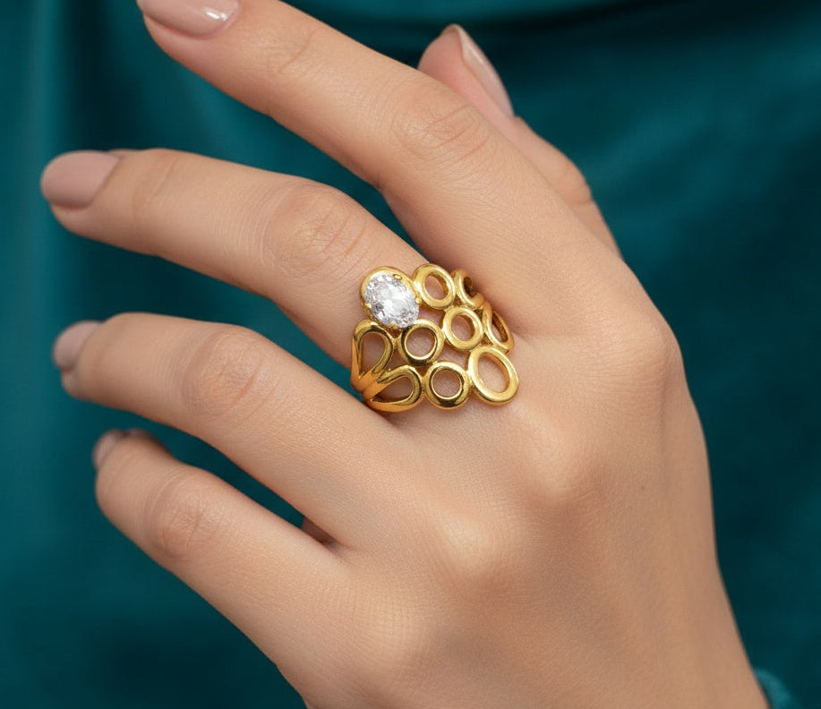 Anti Tarnish Ring Mesh Circle Solitaire Ring 18K Gold Plated