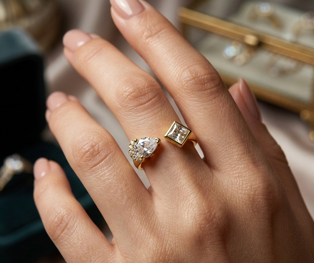 Anti Tarnish Ring Pear & Square Diamond 18K Gold Plated