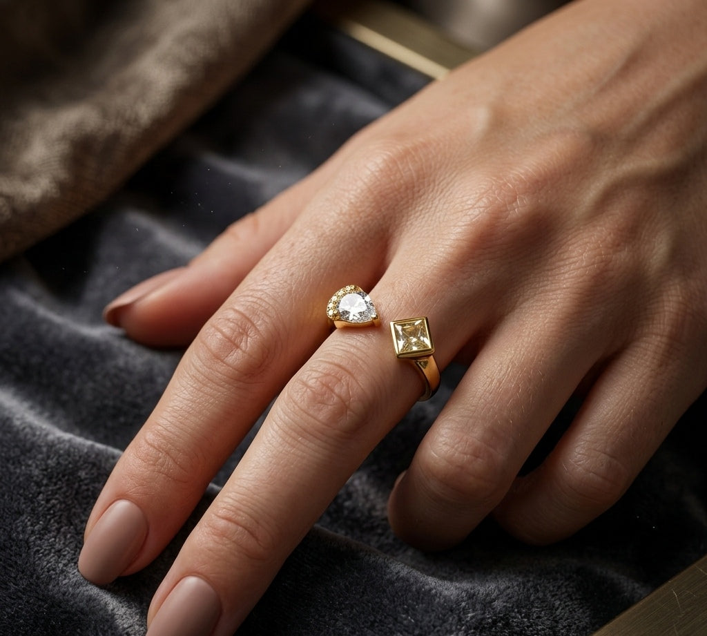 Anti Tarnish Ring Pear & Square Diamond 18K Gold Plated