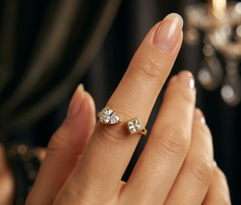 Anti Tarnish Ring Pear & Square Diamond 18K Gold Plated