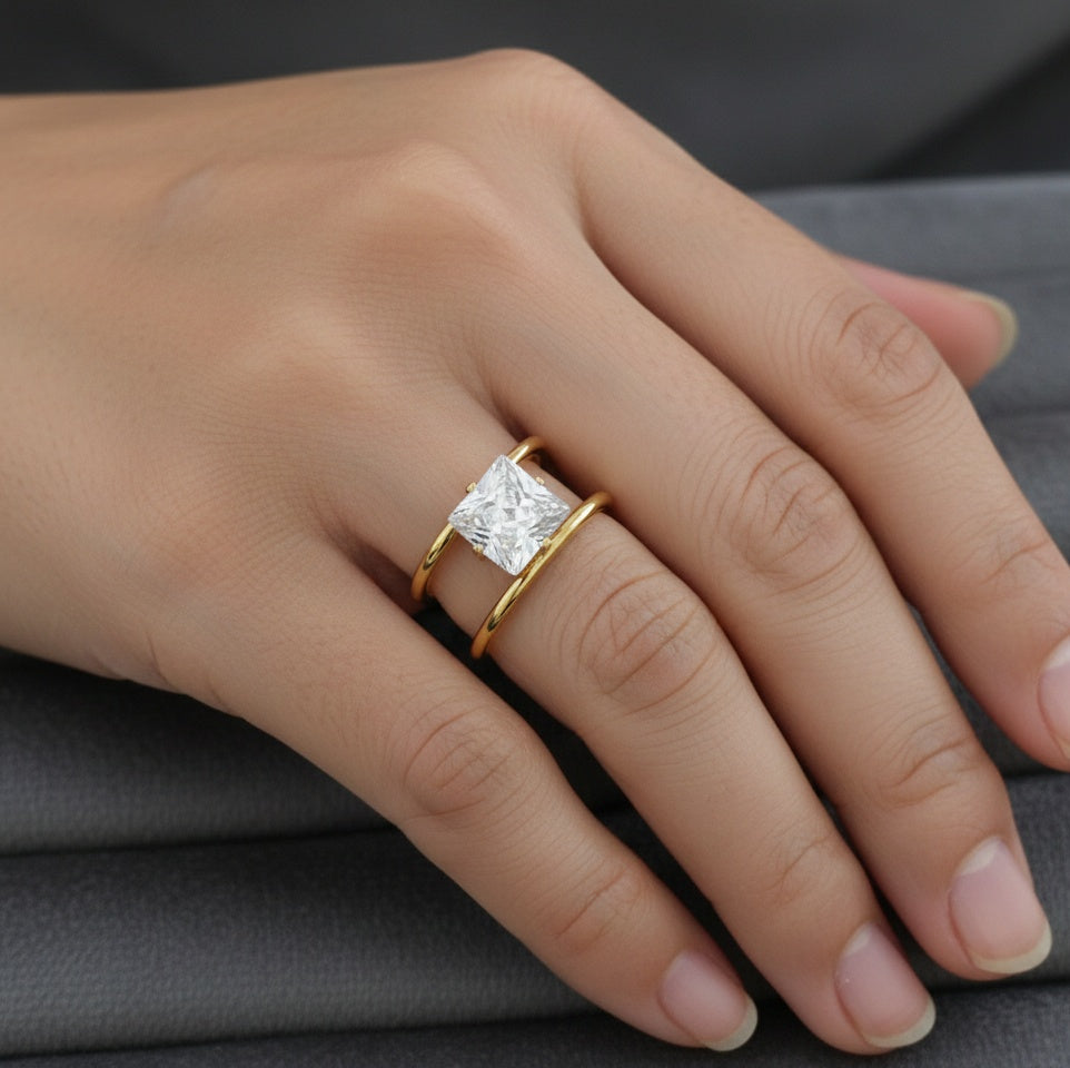 Anti Tarnish Ring Princess Cut Solitaire Ring 18K Gold Plated