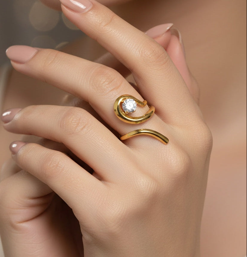 Anti Tarnish Ring Spiral Solitaire Ring 18K Gold Plated