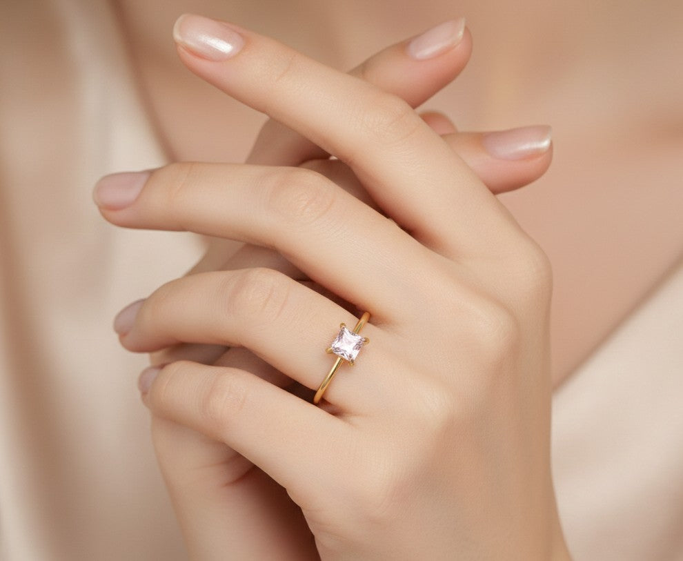 Anti Tarnish Ring Square Cut Pink Gem 18K Gold Plated