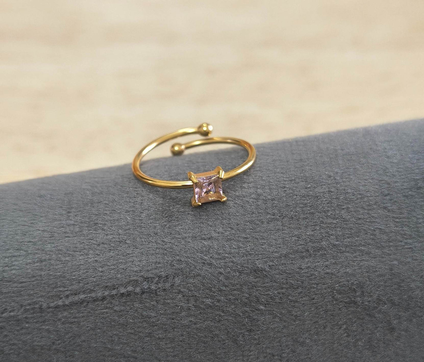 Anti Tarnish Ring Square Cut Pink Gem 18K Gold Plated