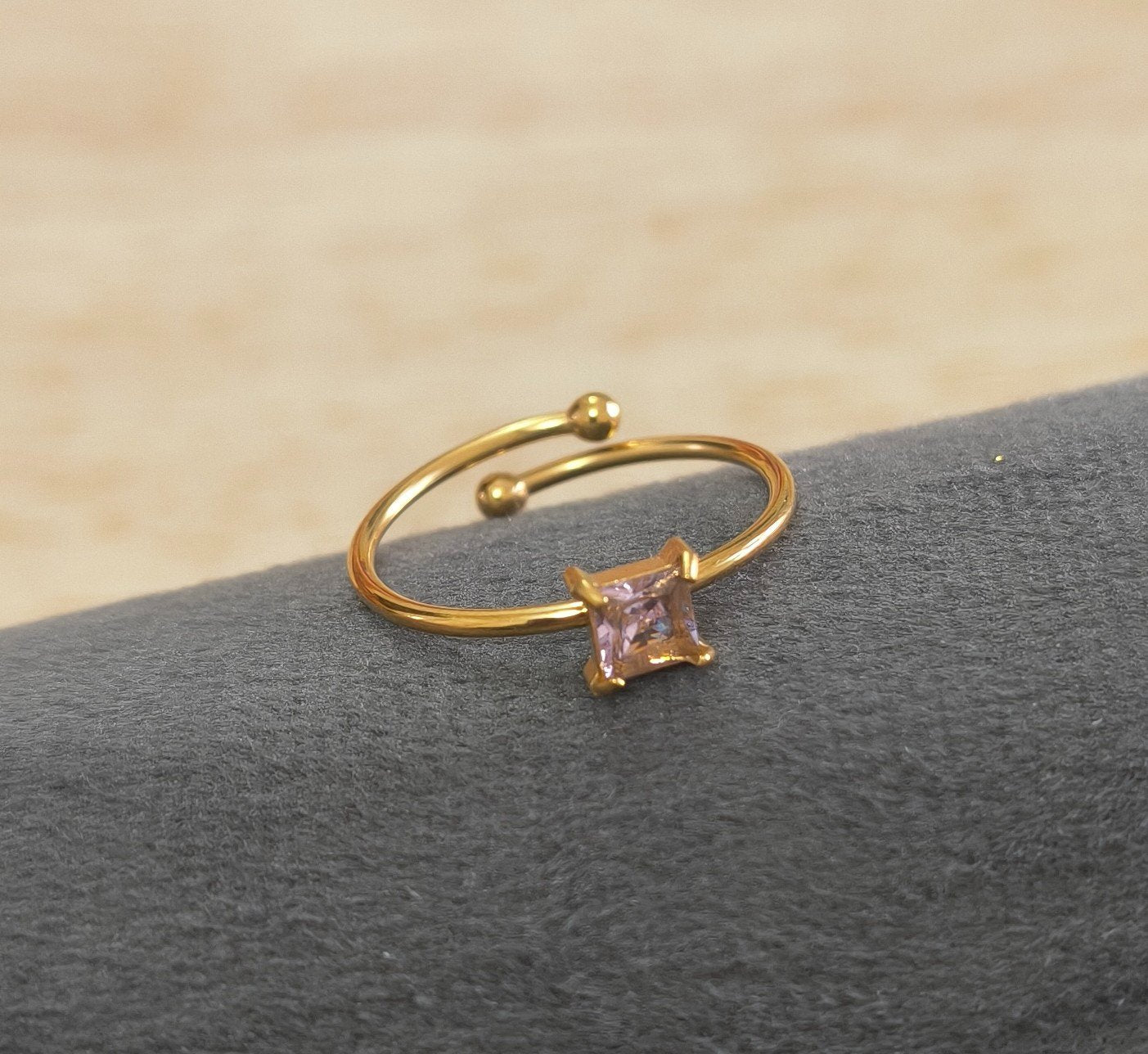 Anti Tarnish Ring Square Cut Pink Gem 18K Gold Plated