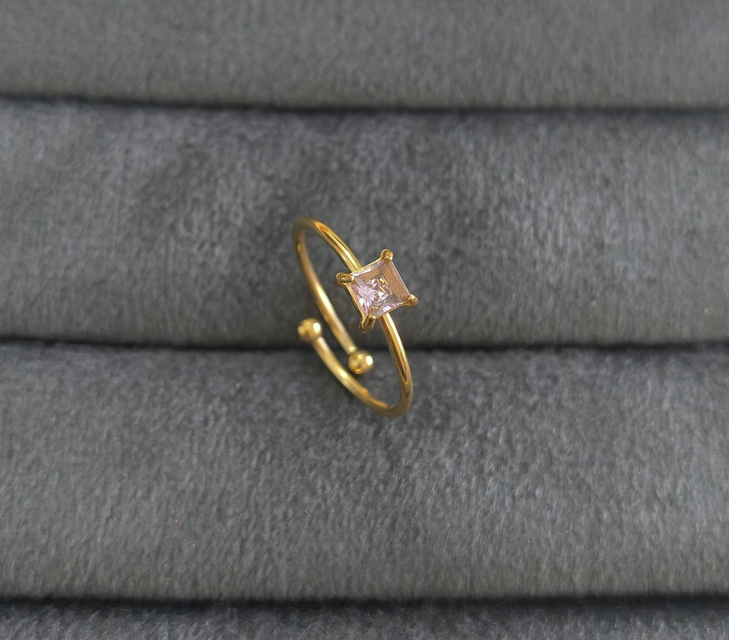 Anti Tarnish Ring Square Cut Pink Gem 18K Gold Plated