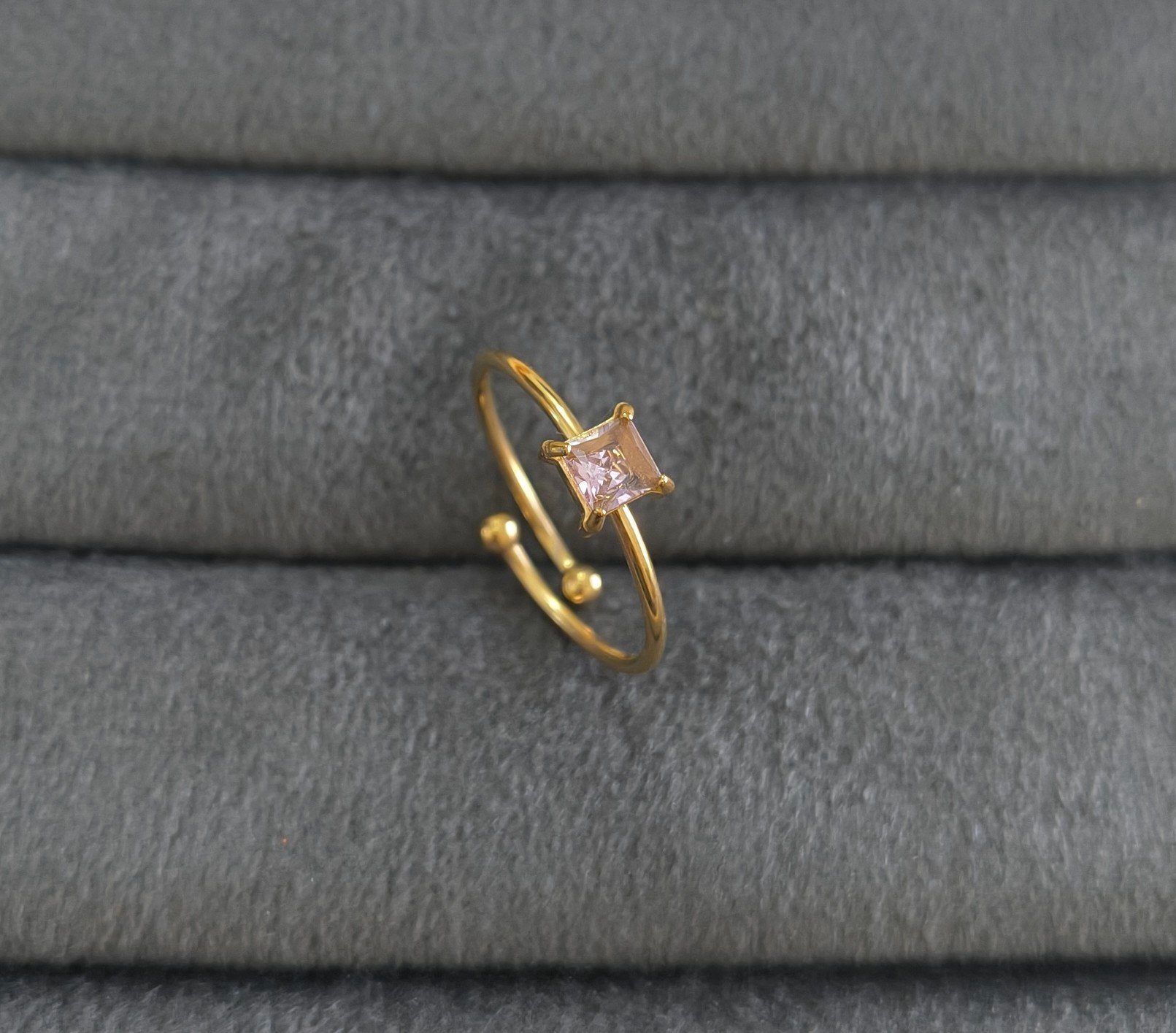 Anti Tarnish Ring Square Cut Pink Gem 18K Gold Plated