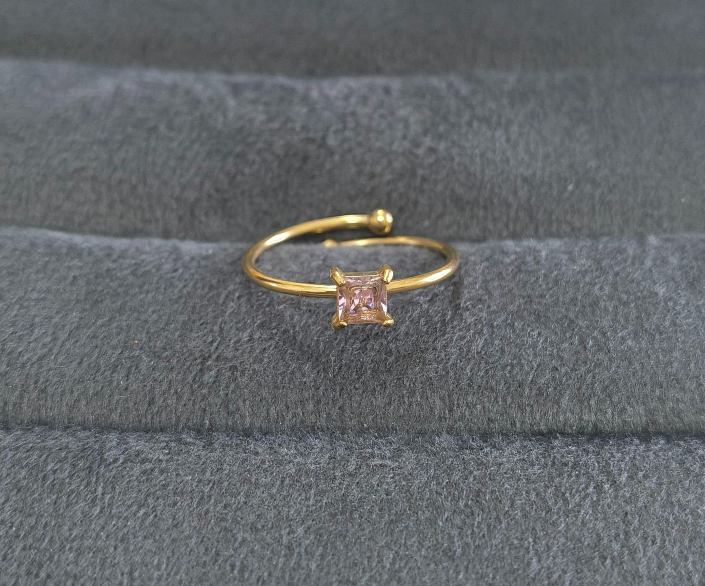 Anti Tarnish Ring Square Cut Pink Gem 18K Gold Plated