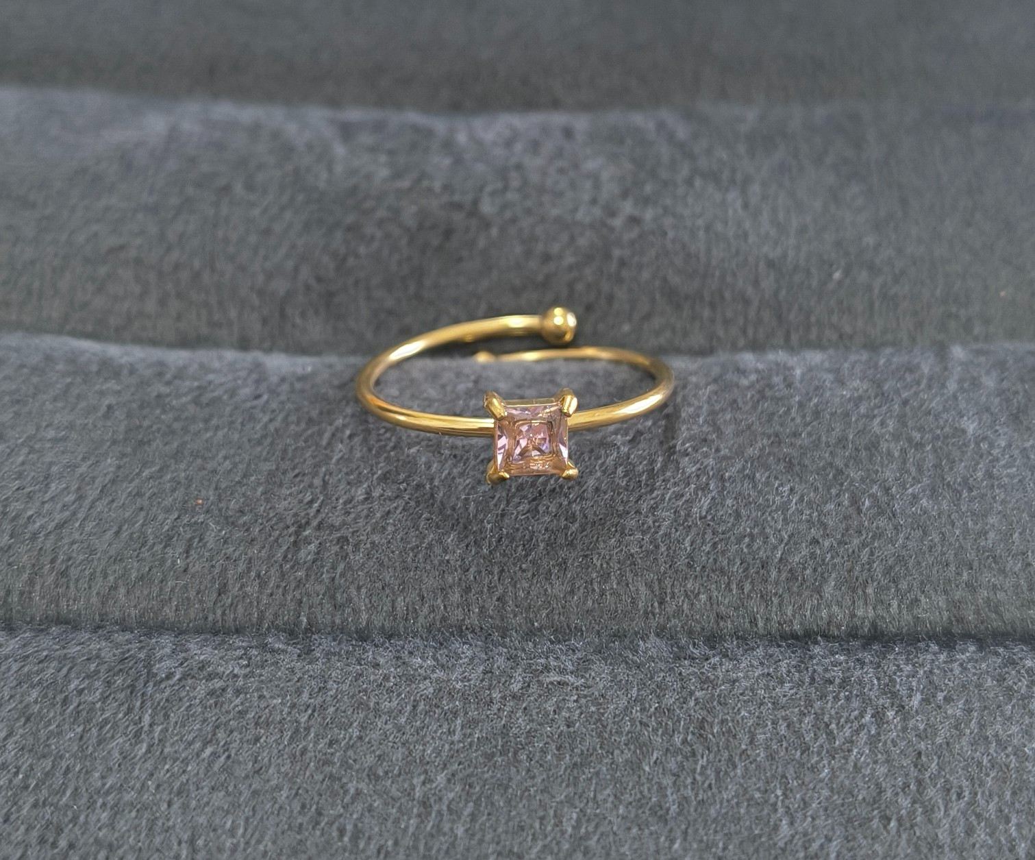 Anti Tarnish Ring Square Cut Pink Gem 18K Gold Plated