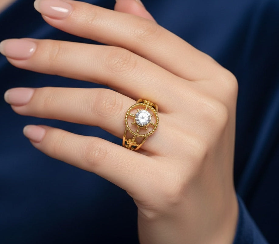 Anti Tarnish Ring Steering Solitaire Ring 18K Gold Plated