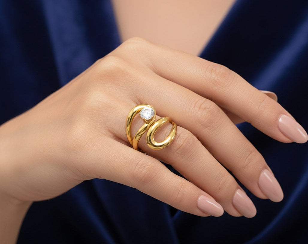 Anti Tarnish Ring Tidal Flow Solitaire Ring 18K Gold Plated