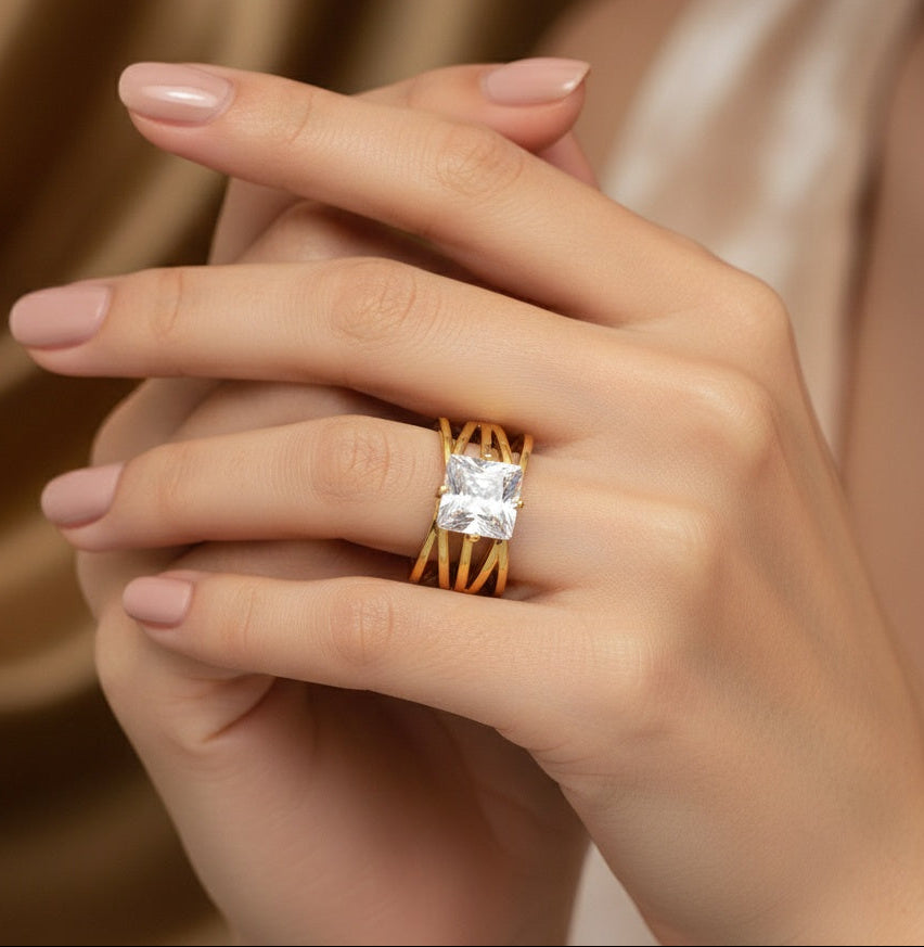 Anti Tarnish Ring Wrap Square Solitaire Ring 18K Gold Plated