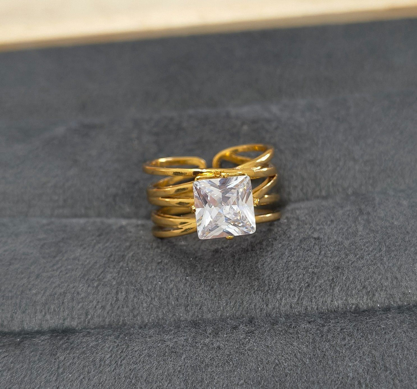 Anti Tarnish Ring Wrap Square Solitaire Ring 18K Gold Plated