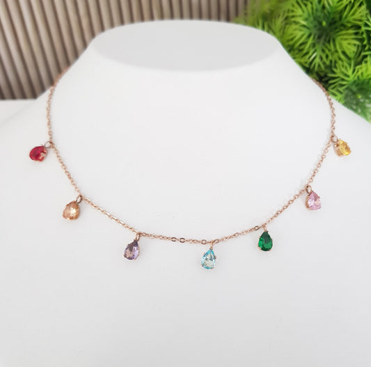 Anti Tarnish Rosegold Multicolor Diamond Drop Necklace