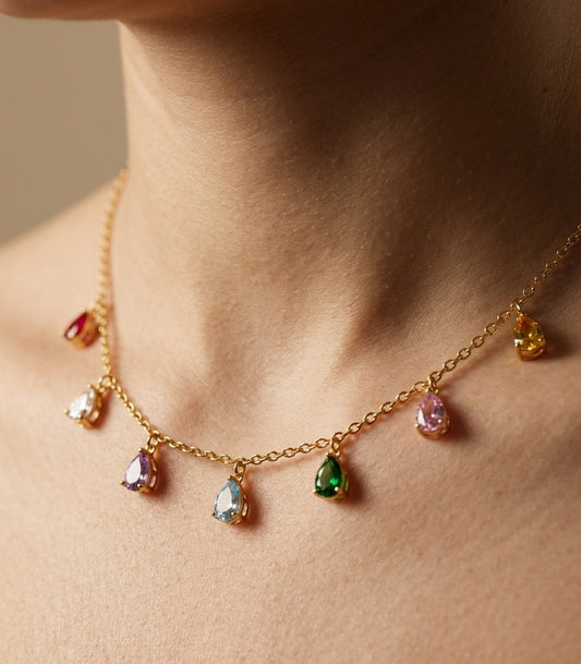 Anti Tarnish Rosegold Multicolor Diamond Drop Necklace