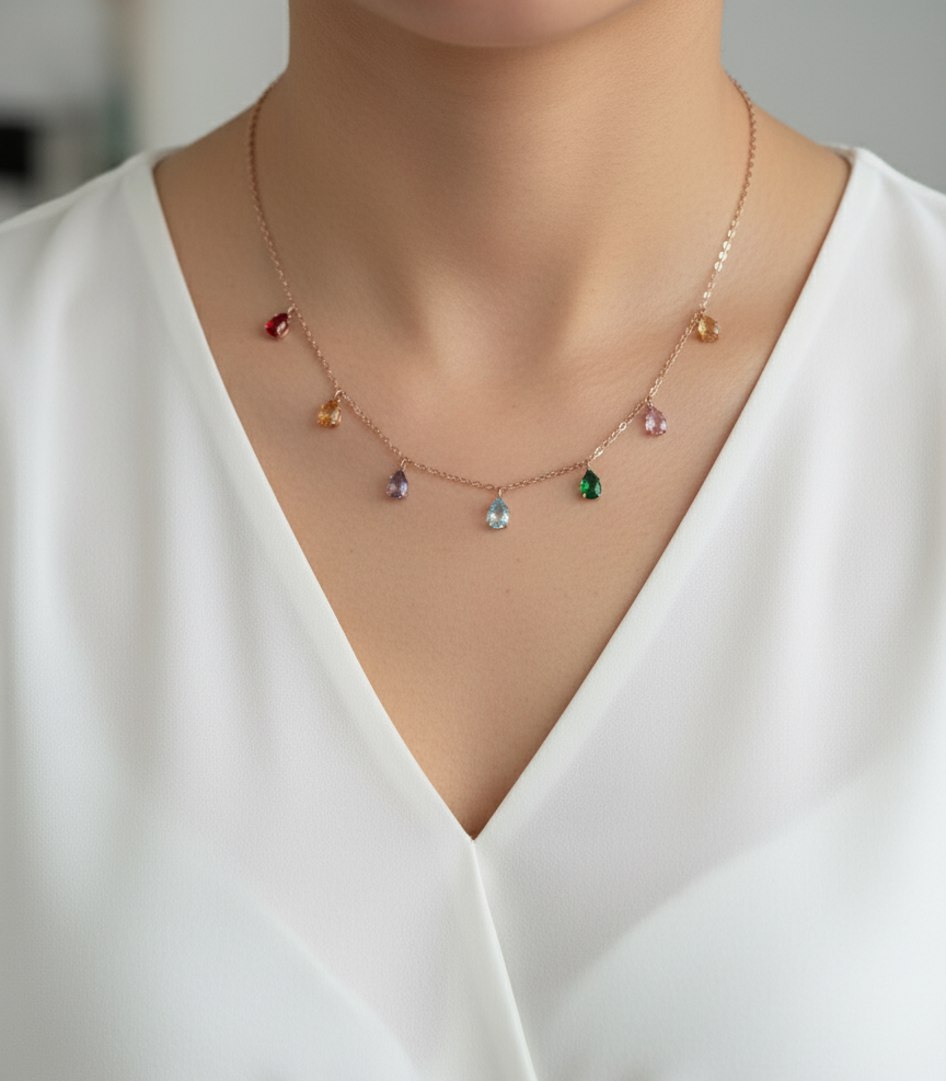 Anti Tarnish Rosegold Multicolor Diamond Drop Necklace