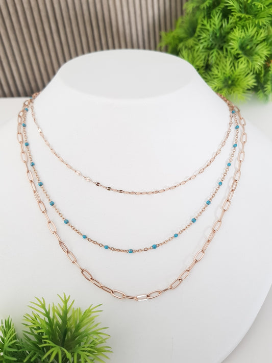 Anti Tarnish Rosegold Three Layered Chain Necklace