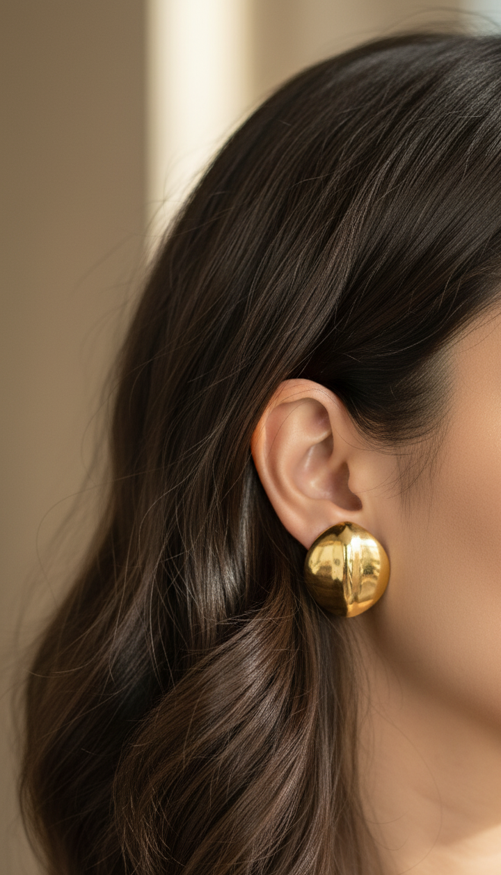 Anti Tarnish Round Big Stud Earrings 18K Gold Plated