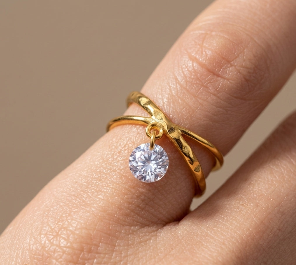 Anti Tarnish Shiny Diamond Drop Ring 18K Gold Plated