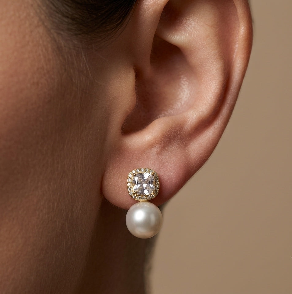 Anti Tarnish Shiny Pearl Drop Stud Earrings 18K Gold Plated