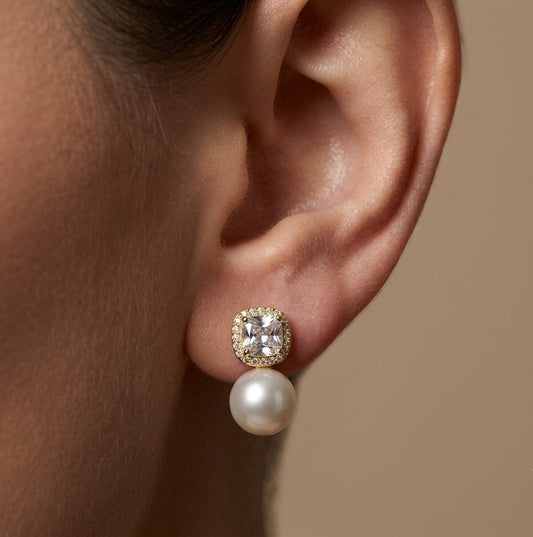 Anti Tarnish Shiny Pearl Drop Stud Earrings 18K Gold Plated