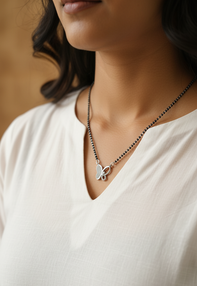 Anti Tarnish Silver Toned Butterfly Mangalsutra Necklace