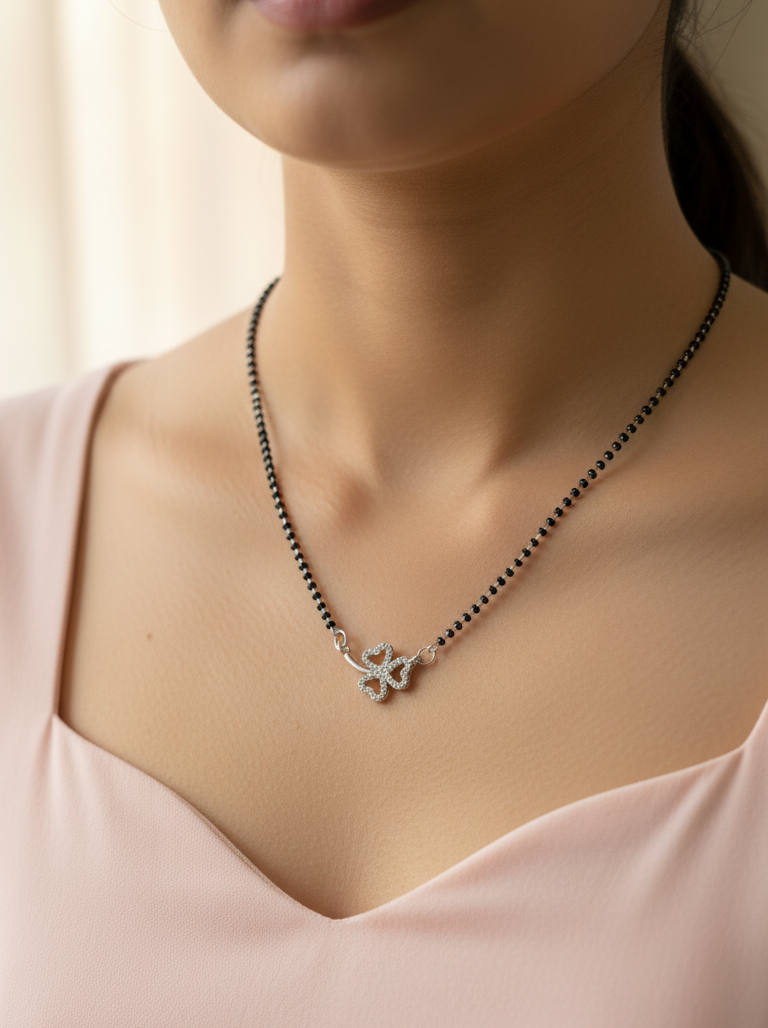 Anti Tarnish Silver Toned Flower Pendant Mangalsutra Necklace